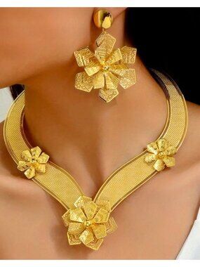 Gold-Tone Floral Necklace & Earrings Jewelry Set With Intricate Detailing